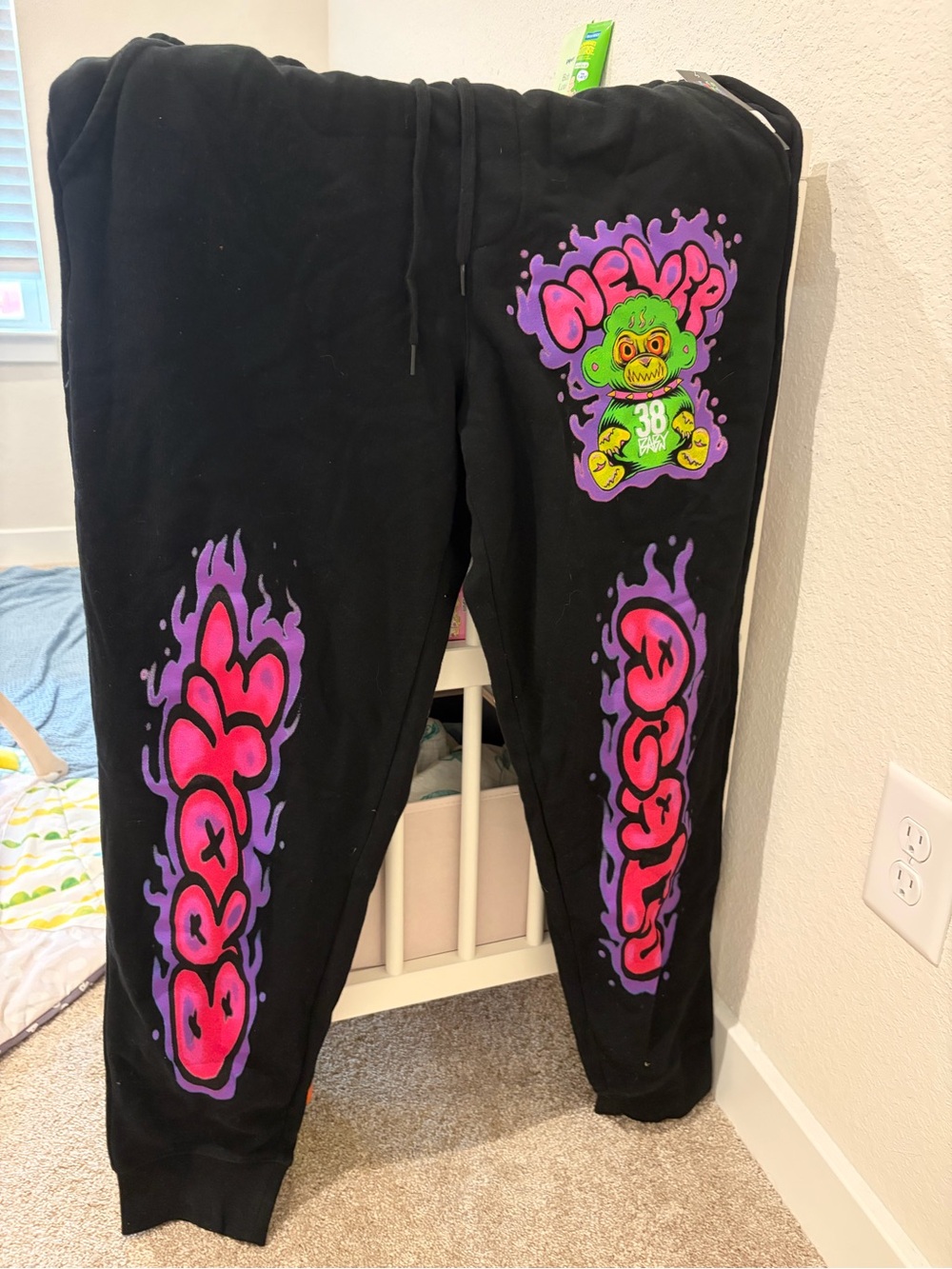 Black Graphic Jogger Sweatpants with Pink & Purple Flame Artwork